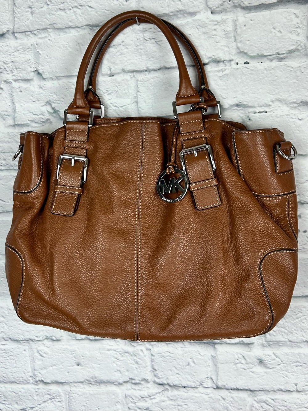 Michael Kors Pebbled Leather Satchel Tote Cognac Brown Shoulder Handbag